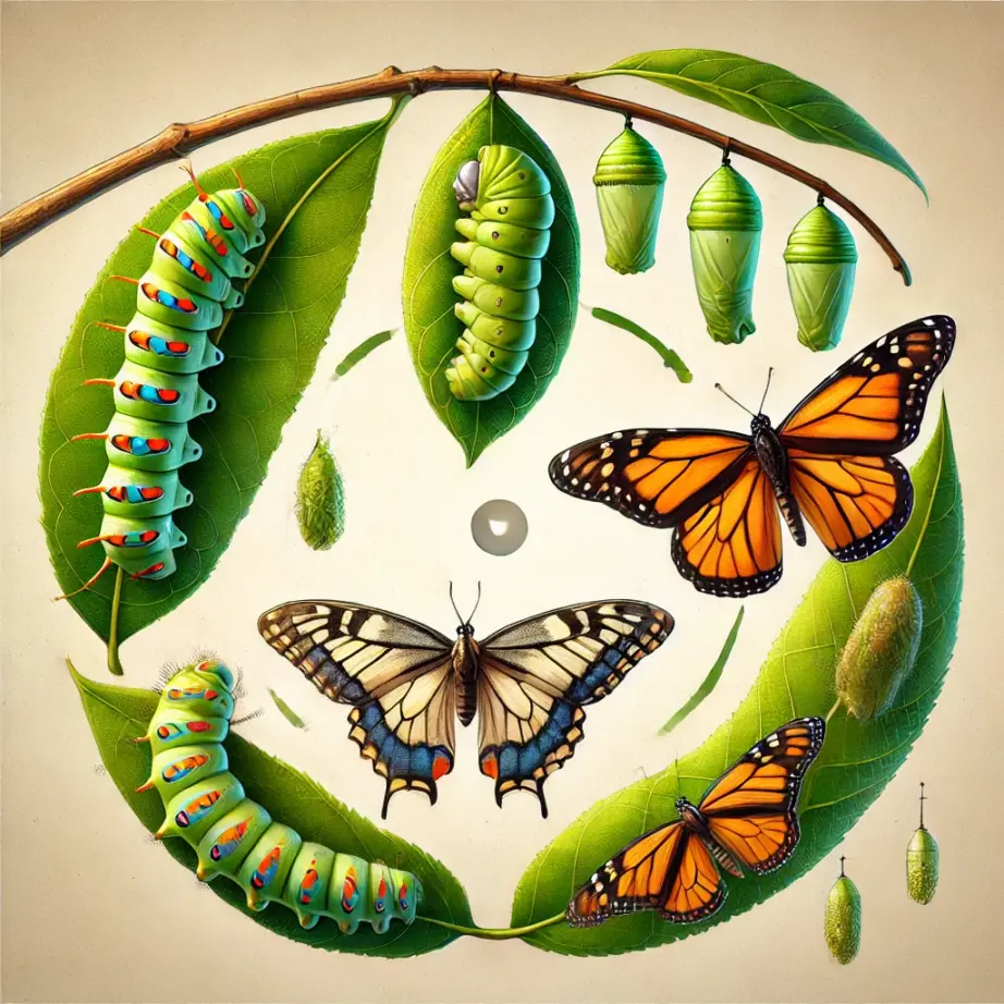 The image depicts the life cycle of a butterfly, showcasing its transformation from caterpillar to winged adult. The illustration features a green caterpillar with colorful spots, a chrysalis, and a monarch butterfly with vibrant orange and black wings, all set against a beige background with a circular arrangement of leaves and twigs.