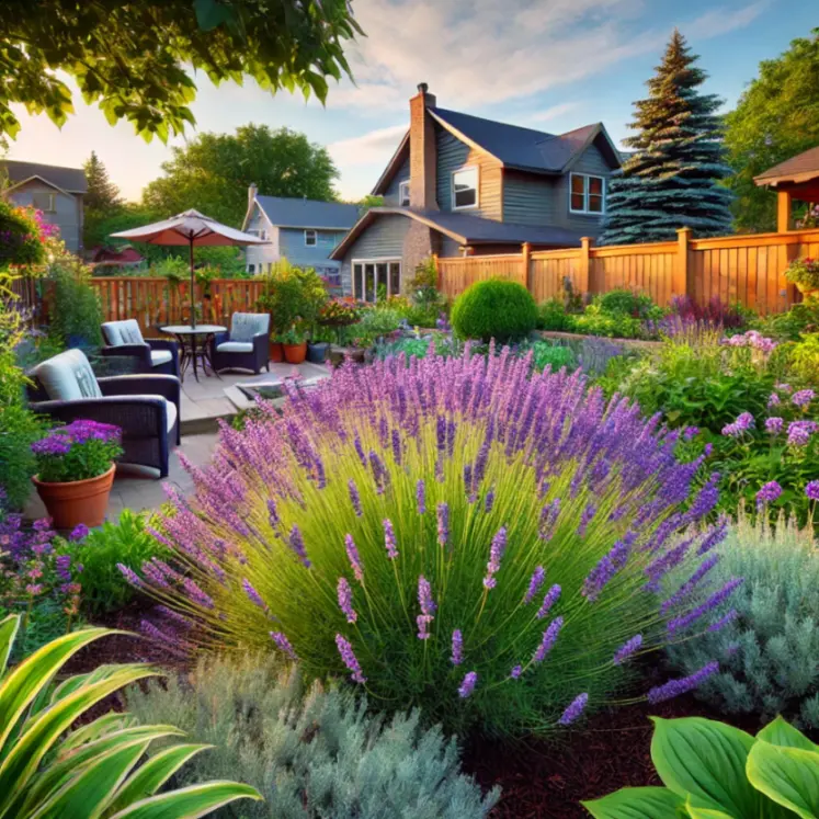 The image depicts a serene backyard oasis, with a patio area featuring two chairs and a table, surrounded by a lush garden filled with vibrant purple flowers and greenery. The patio is made of stone tiles and has a small table with two chairs, accompanied by a potted plant and an umbrella. The garden is filled with a variety of plants, including tall purple flowers, green shrubs, and trees. In the background, a wooden fence and a house with a gray exterior and a chimney can be seen. The sky above is blue with white clouds, adding to the peaceful atmosphere of the scene.